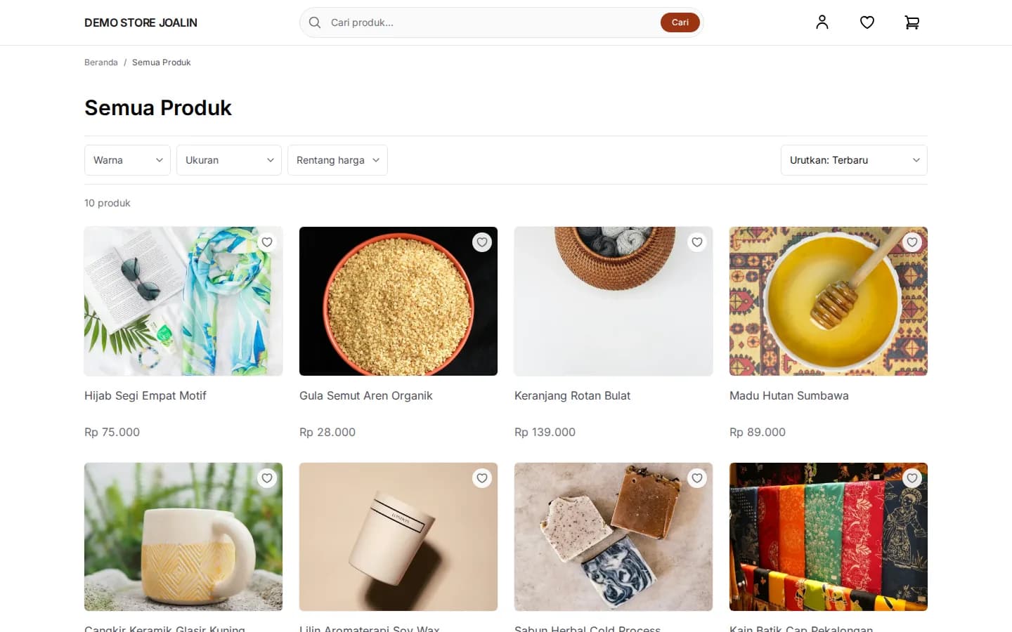 Halaman katalog toko demo Joalin berisi kopi, madu, batik, dan produk lokal lain