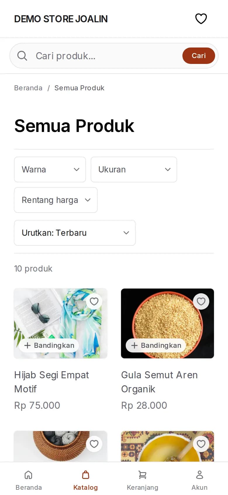 Katalog toko demo Joalin di HP, dengan foto produk dan harga