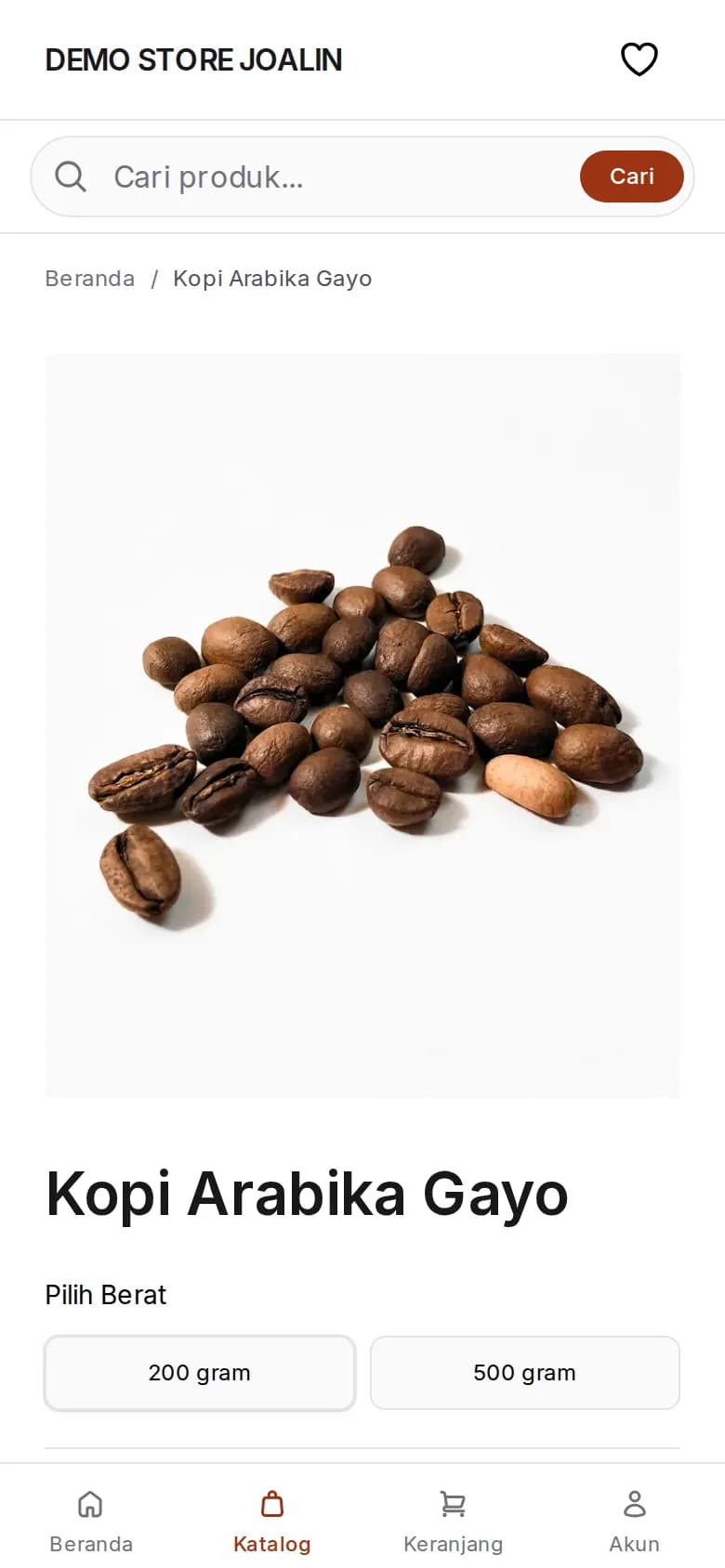 Halaman produk Kopi Arabika Gayo di HP, dengan pilihan berat 200 gram dan 500 gram